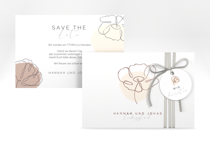 Save the Date-Karte Flowerline A6 Karte quer apricot rosegold
