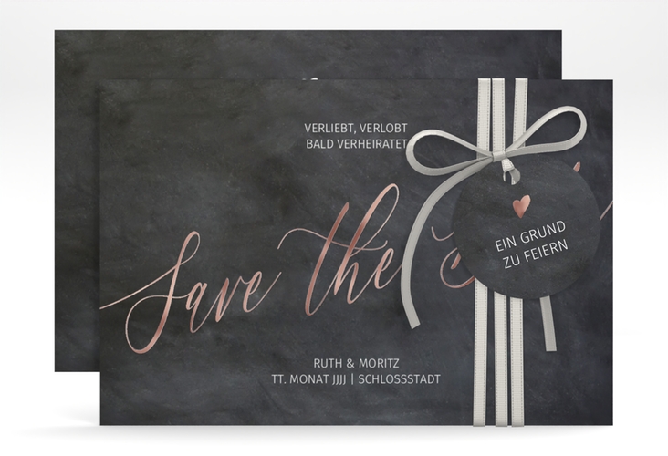 Save the Date-Karte Chalkboard A6 Karte quer schwarz rosegold mit Folienveredelung