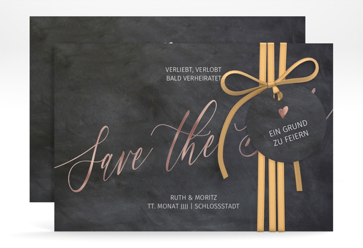 Save the Date-Karte Chalkboard A6 Karte quer schwarz rosegold mit Folienveredelung