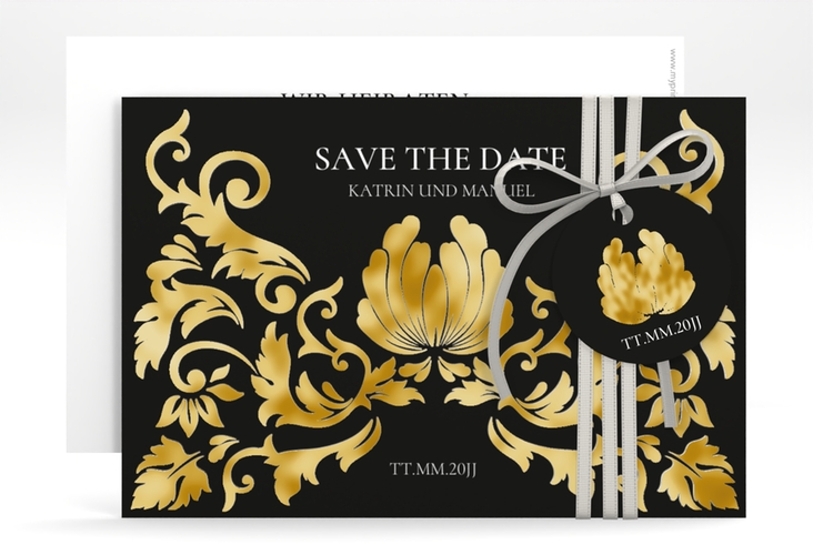 Save the Date-Karte Royal A6 Karte quer schwarz gold mit barockem Blumen-Ornament