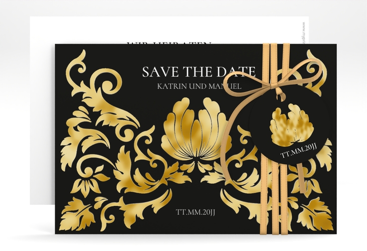 Save the Date-Karte Royal A6 Karte quer schwarz gold mit barockem Blumen-Ornament
