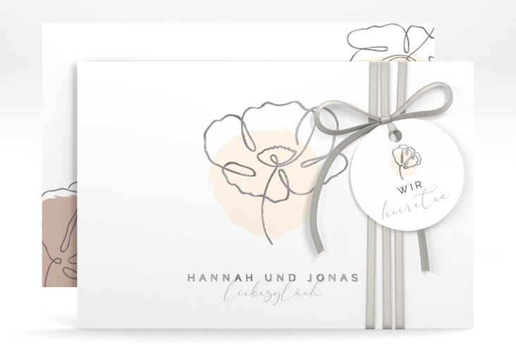 Save the Date-Karte Flowerline A6 Karte quer apricot silber