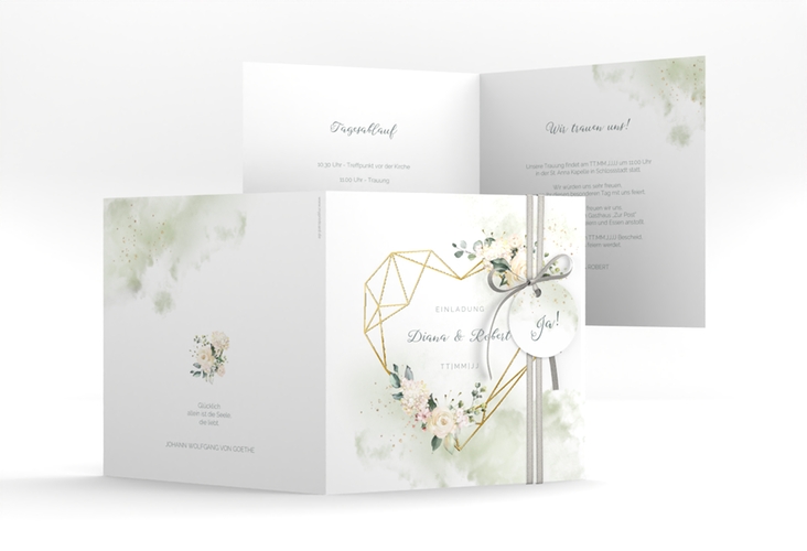 Hochzeitseinladung Adore quadr. Klappkarte gruen gold mit geometrischem Herz und Rosen in Aquarell