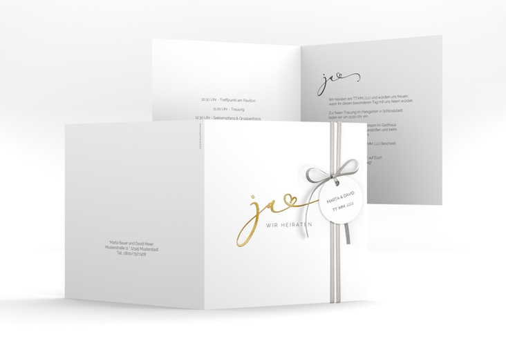 Hochzeitseinladung Jawort quadr. Klappkarte weiss gold modern minimalistisch mit veredelter Aufschrift