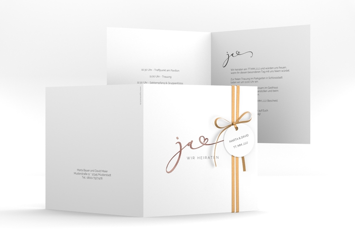 Hochzeitseinladung Jawort quadr. Klappkarte weiss rosegold modern minimalistisch mit veredelter Aufschrift