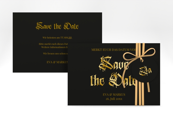 Save the Date-Karte Wednesday A6 Karte quer schwarz gold mit geometrischem Herz und Rosen in Aquarell