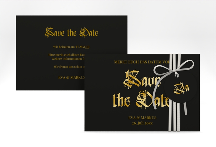 Save the Date-Karte Wednesday A6 Karte quer schwarz gold mit geometrischem Herz und Rosen in Aquarell