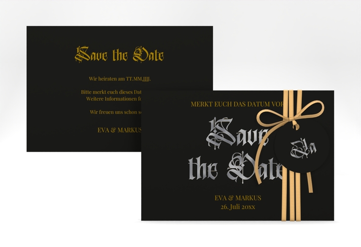Save the Date-Karte Wednesday A6 Karte quer schwarz silber mit geometrischem Herz und Rosen in Aquarell