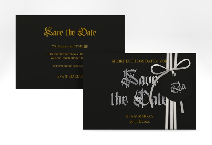 Save the Date-Karte Wednesday A6 Karte quer schwarz silber mit geometrischem Herz und Rosen in Aquarell