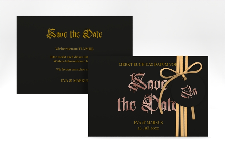 Save the Date-Karte Wednesday A6 Karte quer schwarz rosegold mit geometrischem Herz und Rosen in Aquarell