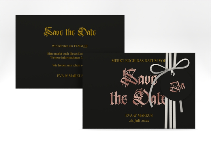 Save the Date-Karte Wednesday A6 Karte quer schwarz rosegold mit geometrischem Herz und Rosen in Aquarell