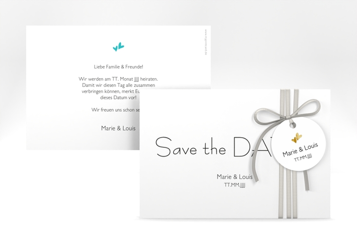 Save the Date-Karte Hochzeit Twohearts A6 Karte quer tuerkis gold