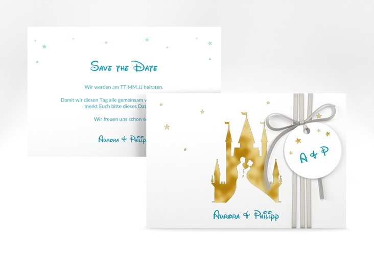 Save the Date-Karte Castle A6 Karte quer tuerkis gold