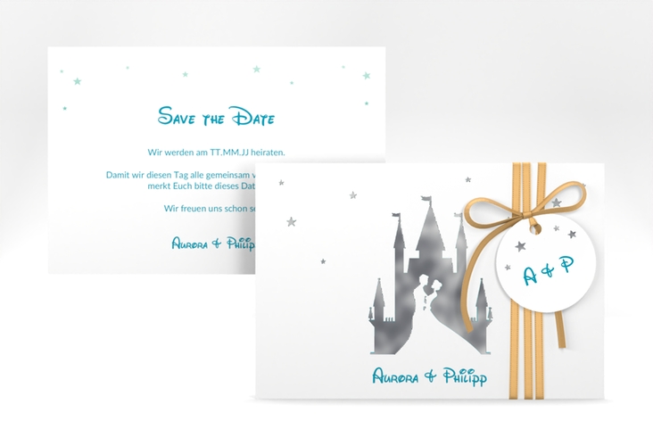 Save the Date-Karte Castle A6 Karte quer tuerkis silber