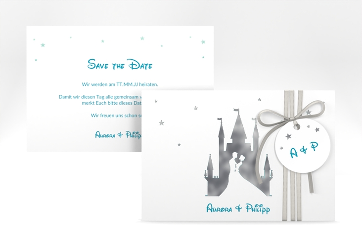 Save the Date-Karte Castle A6 Karte quer tuerkis silber