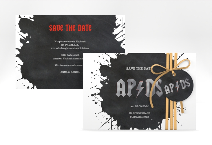 Save the Date-Karte Hardrock A6 Karte quer schwarz silber für Rockband-Fans