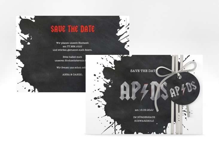 Save the Date-Karte Hardrock A6 Karte quer schwarz silber für Rockband-Fans