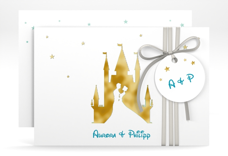 Save the Date-Karte Castle A6 Karte quer tuerkis gold