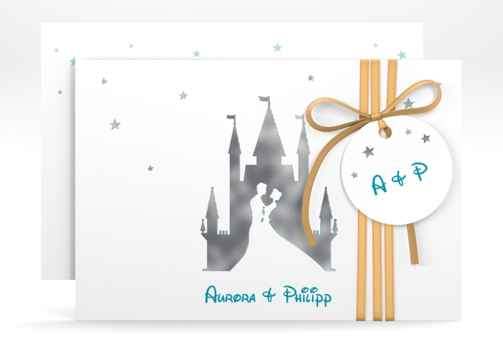 Save the Date-Karte Castle A6 Karte quer tuerkis silber