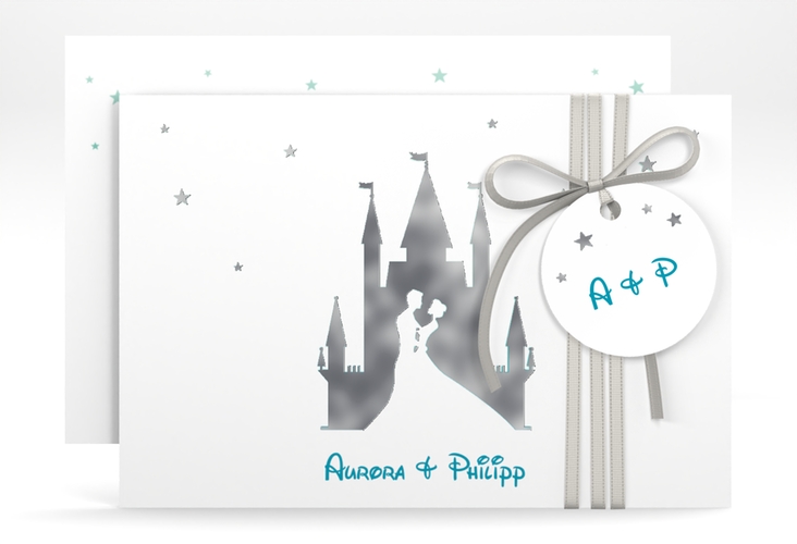 Save the Date-Karte Castle A6 Karte quer tuerkis silber