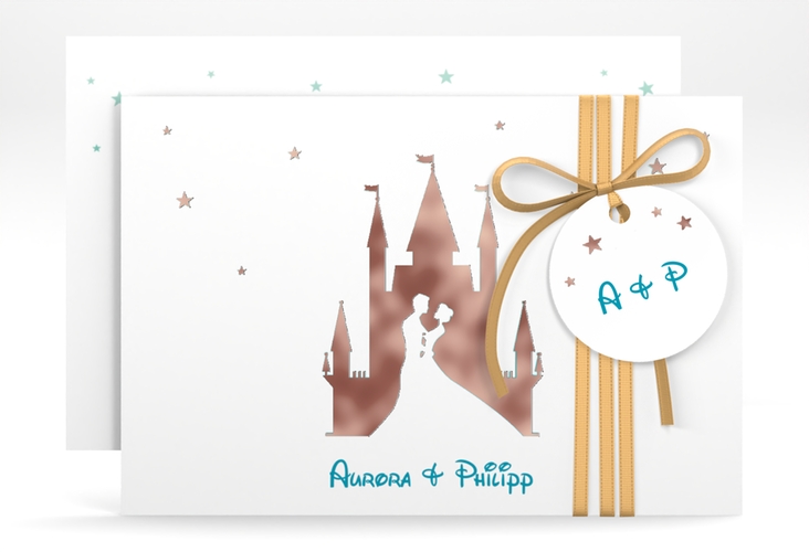 Save the Date-Karte Castle A6 Karte quer tuerkis rosegold