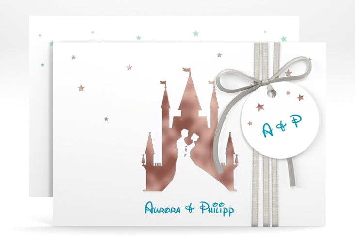 Save the Date-Karte Castle A6 Karte quer tuerkis rosegold