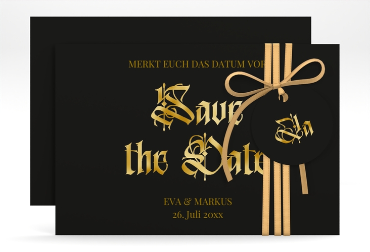 Save the Date-Karte Wednesday A6 Karte quer schwarz gold mit geometrischem Herz und Rosen in Aquarell