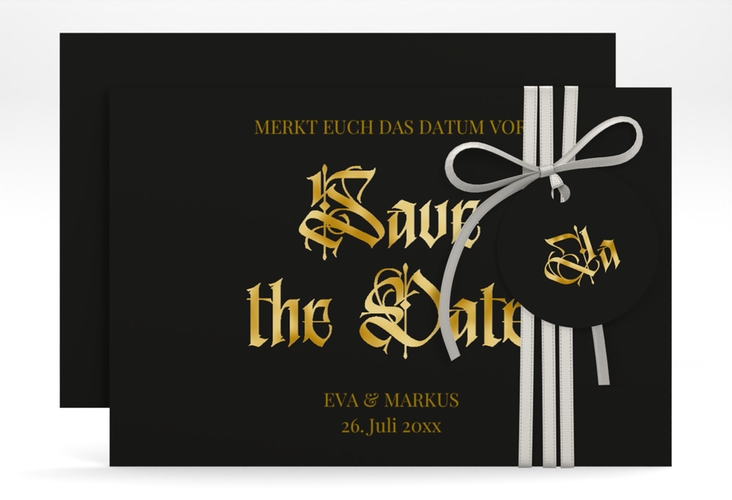 Save the Date-Karte Wednesday A6 Karte quer schwarz gold mit geometrischem Herz und Rosen in Aquarell