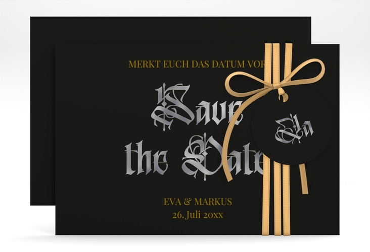 Save the Date-Karte Wednesday A6 Karte quer schwarz silber mit geometrischem Herz und Rosen in Aquarell