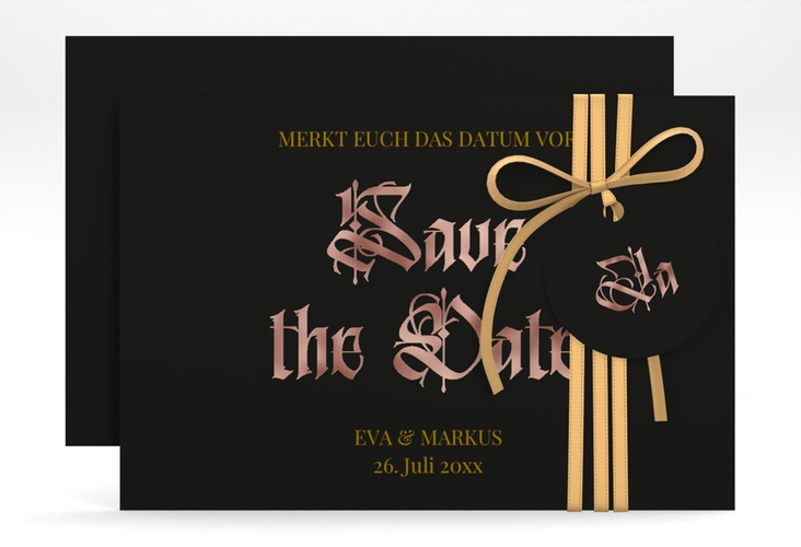 Save the Date-Karte Wednesday A6 Karte quer schwarz rosegold mit geometrischem Herz und Rosen in Aquarell