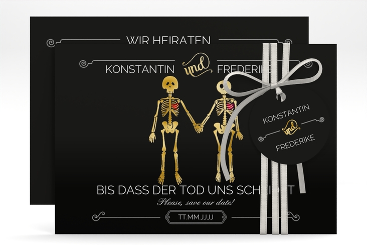 Save the Date-Karte Bones A6 Karte quer schwarz gold lustig mit Skelett-Brautpaar