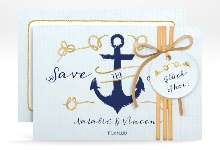Save the Date-Karte Anker A6 Karte quer tuerkis gold
