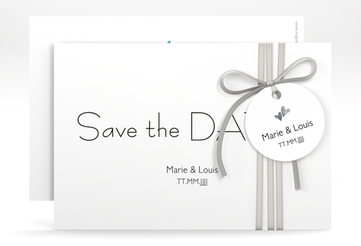 Save the Date-Karte Hochzeit Twohearts A6 Karte quer tuerkis silber