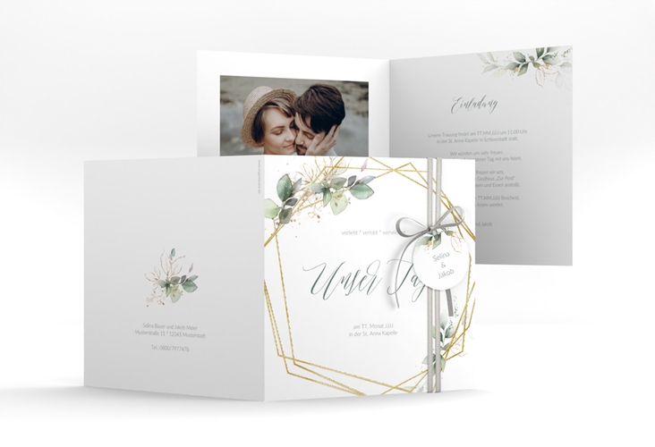 Hochzeitseinladung Greenish quadr. Klappkarte gruen gold