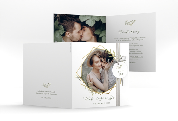 Hochzeitseinladung Acacia quadr. Klappkarte weiss gold
