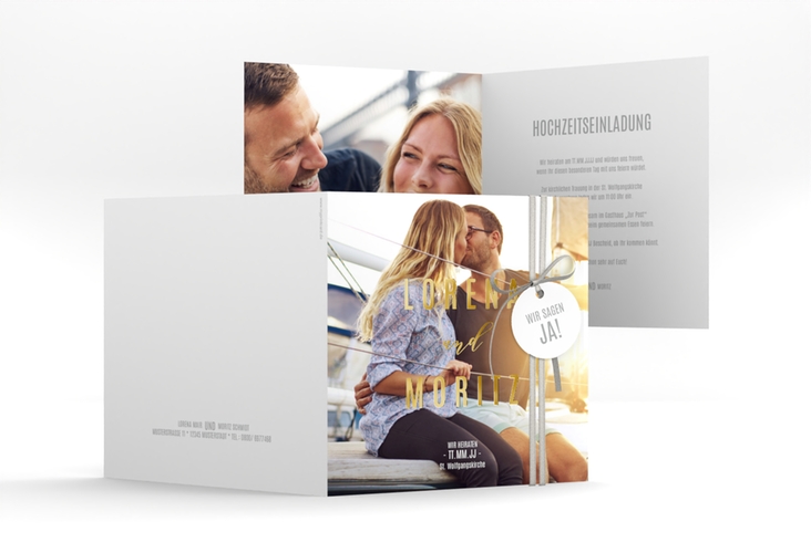 Hochzeitseinladung Memory quadr. Klappkarte weiss gold
