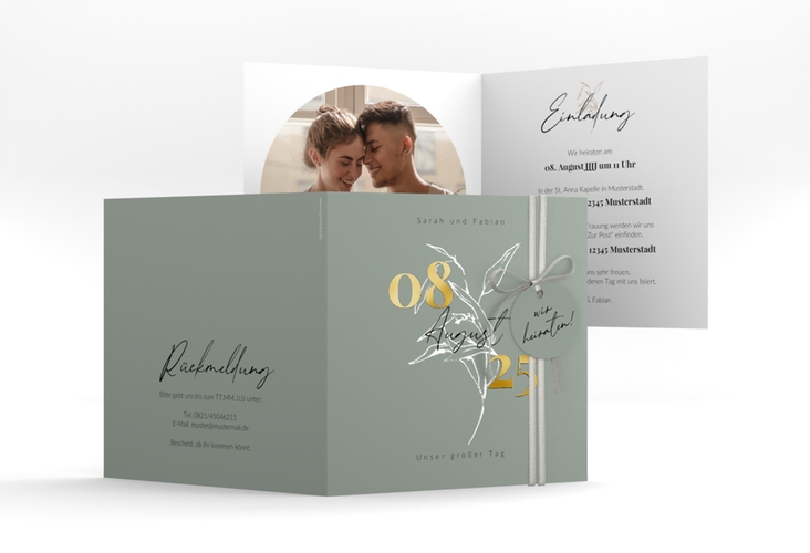 Hochzeitseinladung Seed quadr. Klappkarte gruen gold mit Pflanzen-Illustration und elegantem Datum