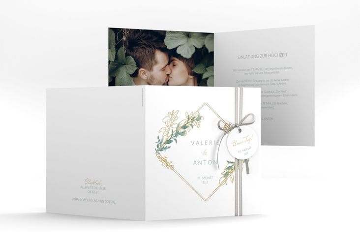 Hochzeitseinladung Verde quadr. Klappkarte weiss gold