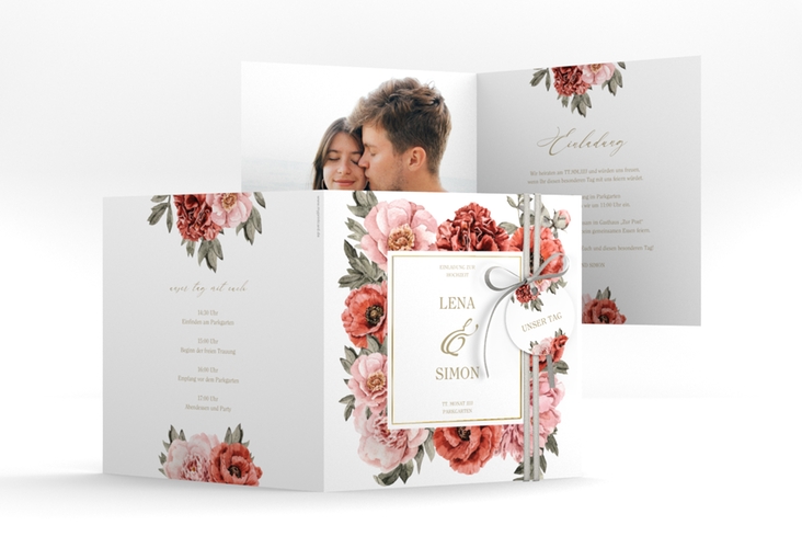 Einladungskarte Hochzeit "Amapola" quadratische Klappkarte weiss gold