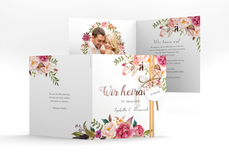 Hochzeitseinladung Flowers quadr. Klappkarte weiss rosegold mit bunten Aquarell-Blumen