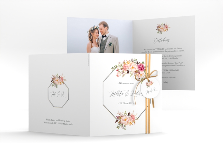Hochzeitseinladung Prachtvoll quadr. Klappkarte weiss silber