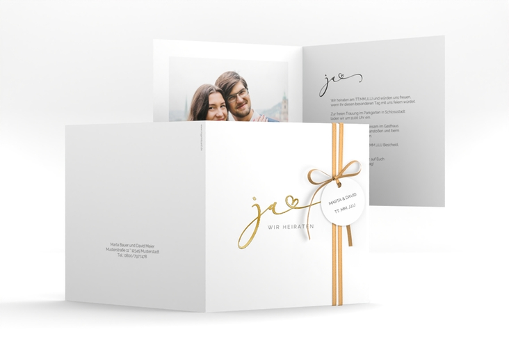 Hochzeitseinladung Jawort quadr. Klappkarte weiss gold modern minimalistisch mit veredelter Aufschrift