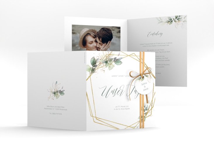 Hochzeitseinladung Greenish quadr. Klappkarte gruen gold