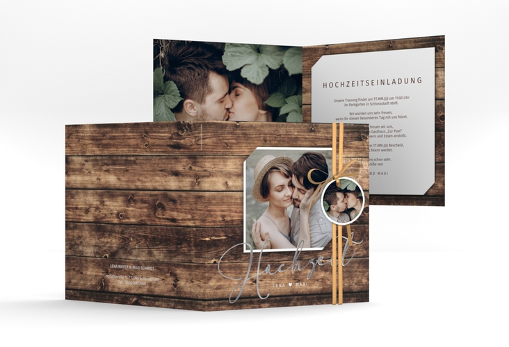 Hochzeitseinladung Rustic quadr. Klappkarte braun silber in Holz-Optik mit Foto