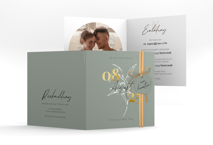 Hochzeitseinladung Seed quadr. Klappkarte gruen gold mit Pflanzen-Illustration und elegantem Datum