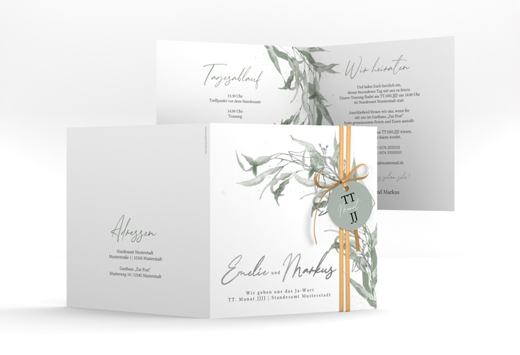 Hochzeitseinladung  Eucalyptus Green quadr. Klappkarte weiss silber