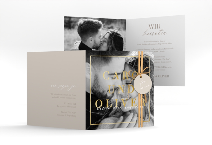 Hochzeitseinladung Moment quadr. Klappkarte beige gold