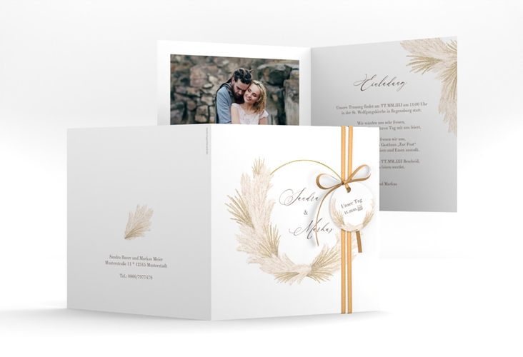 Hochzeitseinladung Pumila quadr. Klappkarte weiss gold