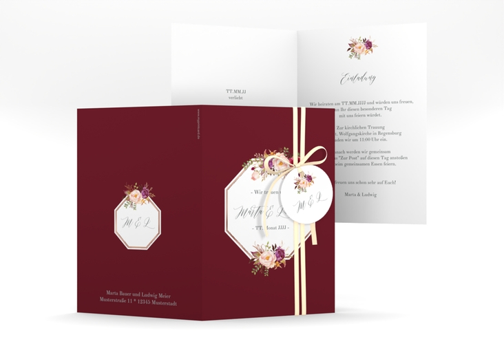 Einladungskarte Hochzeit Prachtvoll A6 Klappkarte hoch rot rosegold