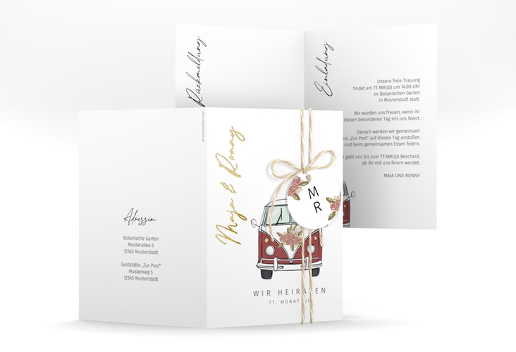 Einladungskarte Hochzeit Hochzeitsbulli A6 Klappkarte hoch rot gold mit Gräsern und Trockenblumen für Boho-Hochzeit
